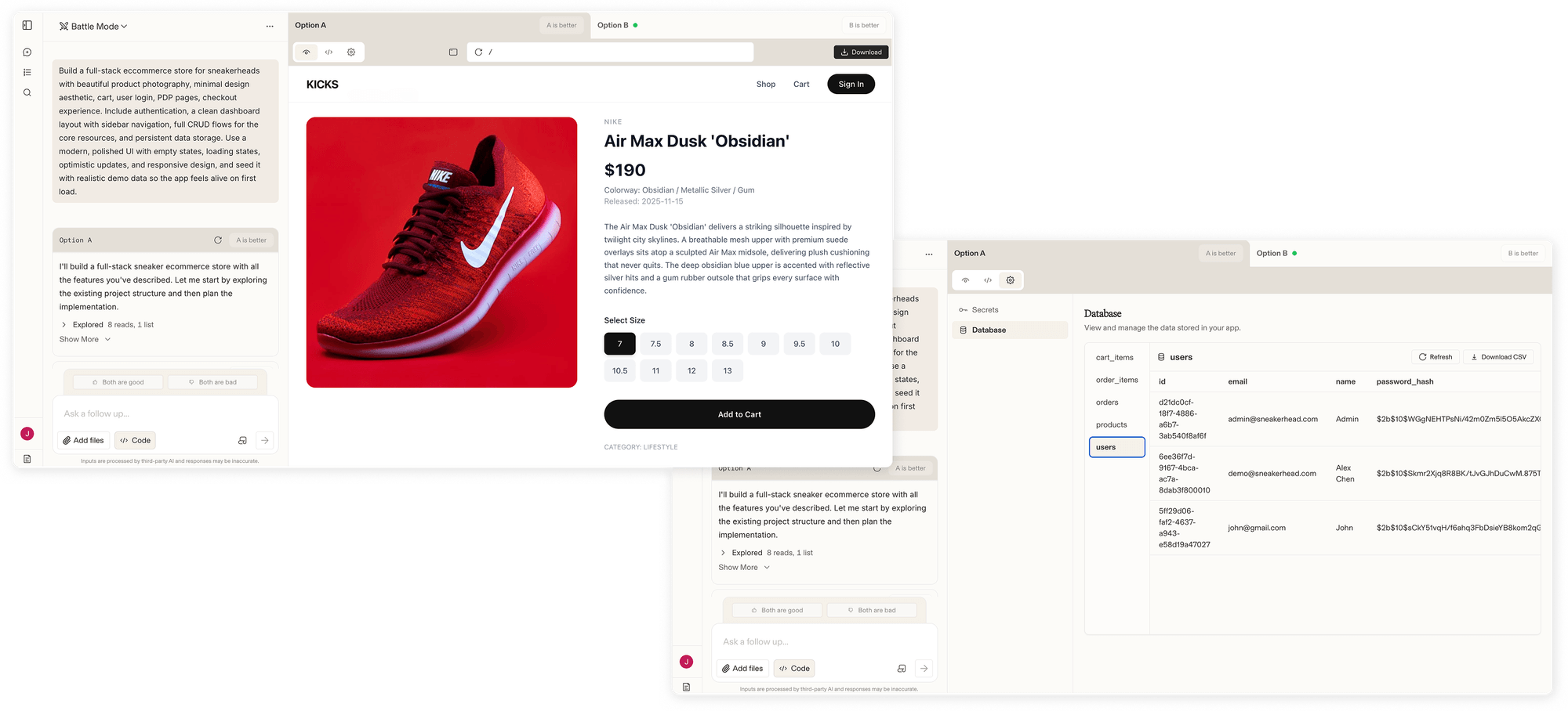 Fig 1. Building an ecommerce store for sneakerheads in Fullstack Code Arena